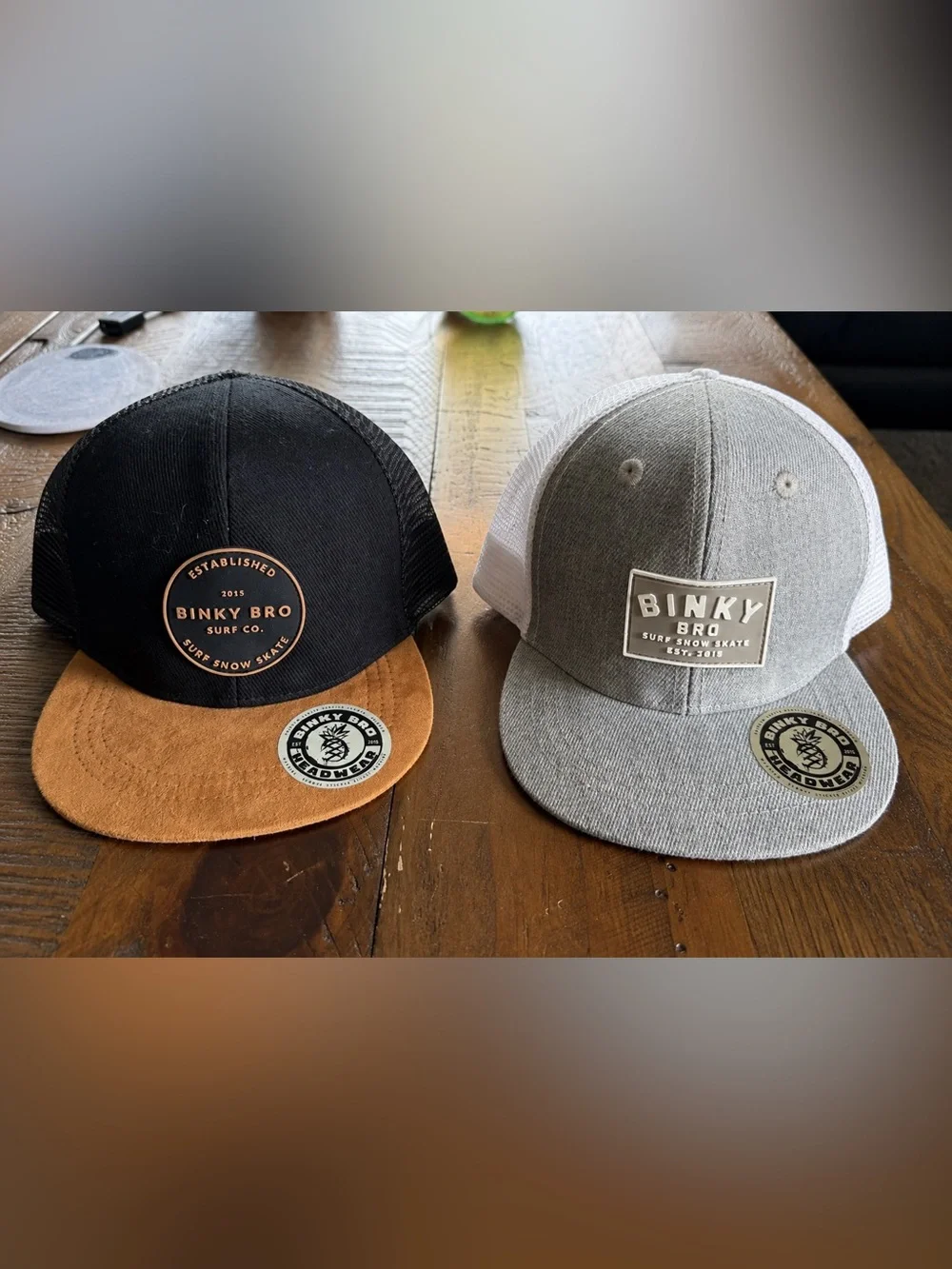 Two Infant Binky Bro Patch Trucker Hats - Black/Suede and Gray/White